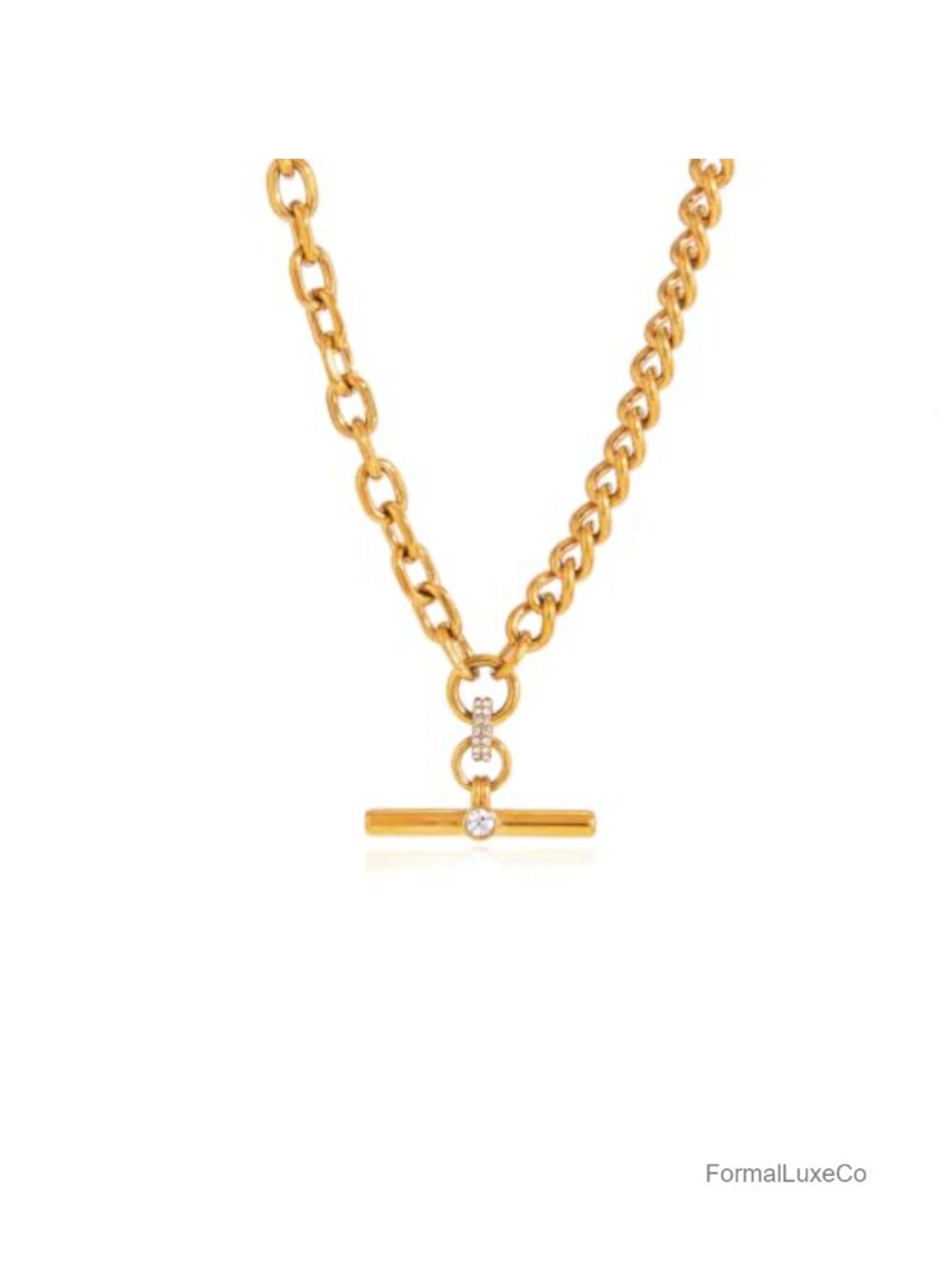 18K Gold Plated T-Bar Necklace for Women, Sparkling White Rhinestone Pendant,